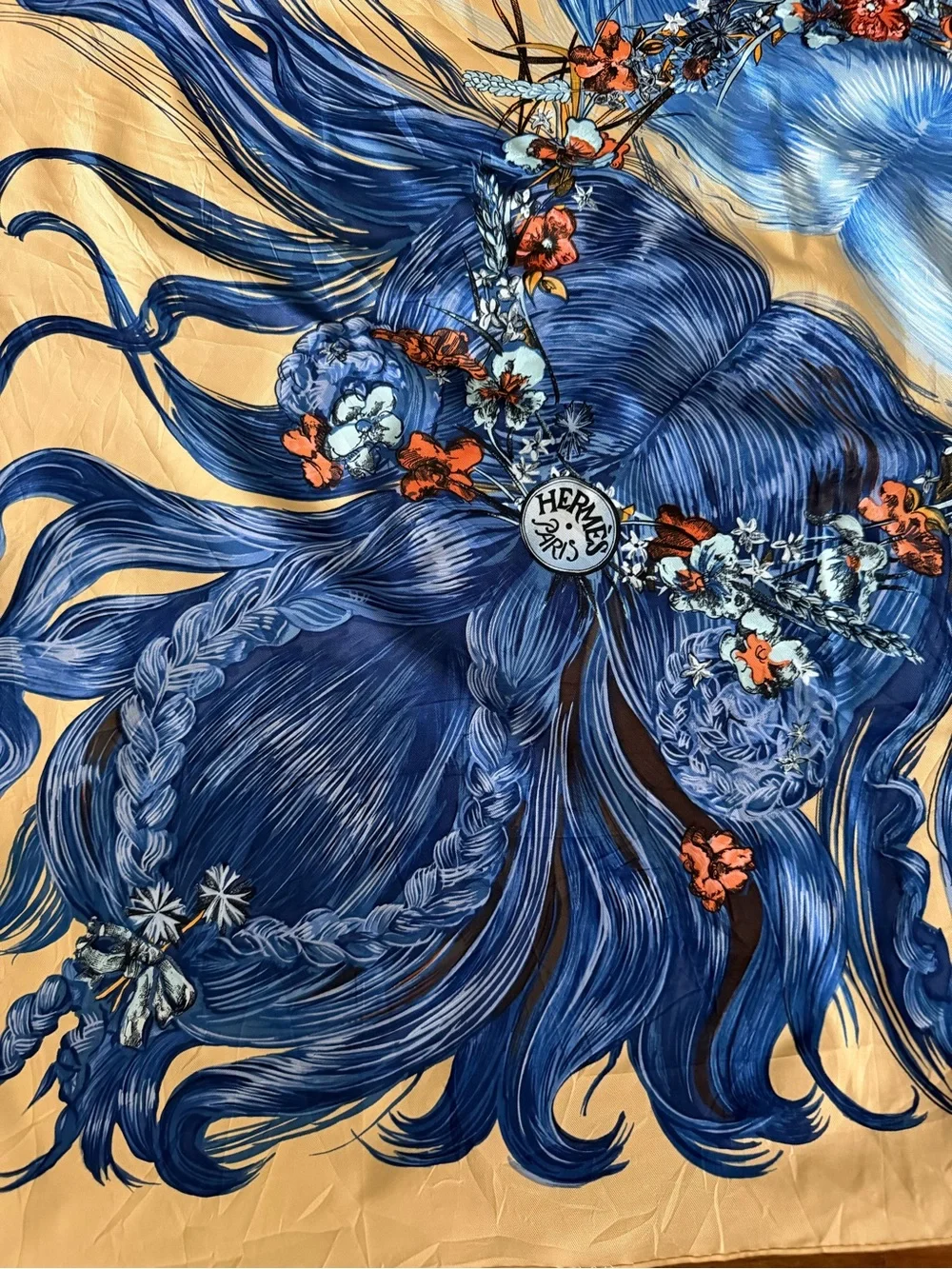Hermès Eva Blue Floral Goddess Silk Scarf.
